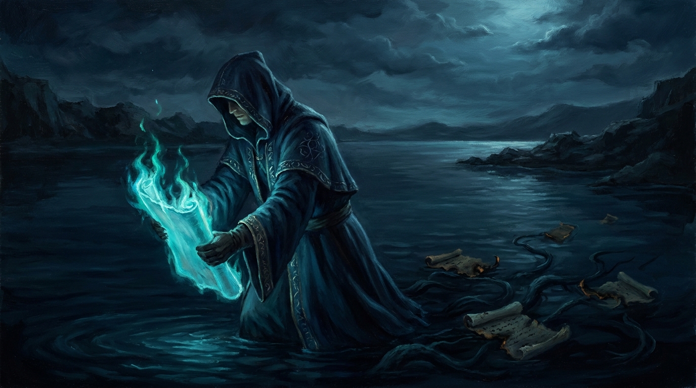 A drowned wizard's library beneath dark water, glowing cyan spell scrolls floating between sunken shelves