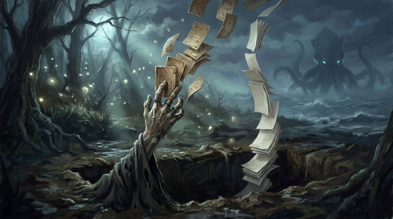 A skeletal hand catching cards flowing upward from a grave while fresh cards fall in, illustrating the MTG dredge loop