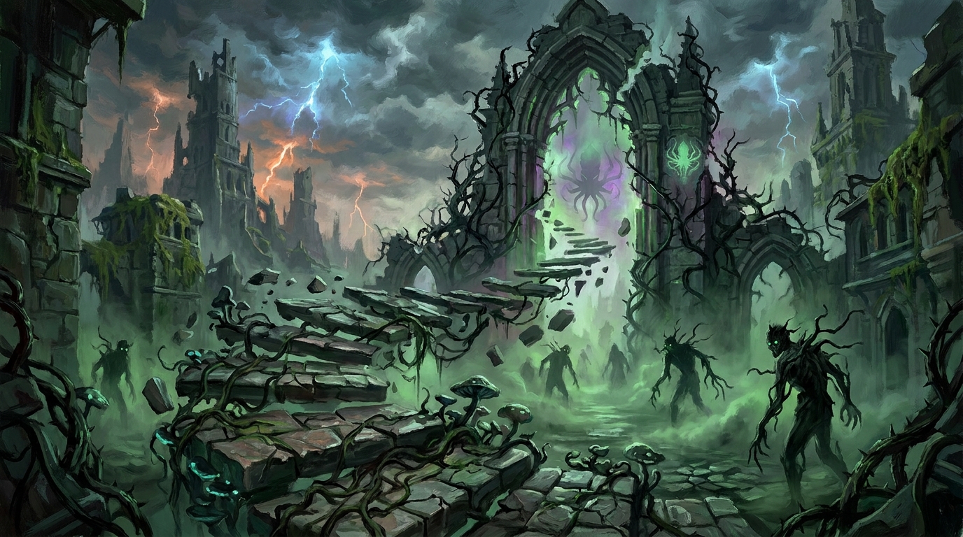 A ruined city street where cobblestones lift and reassemble in midair, illustrating land recursion in an MTG dredge deck