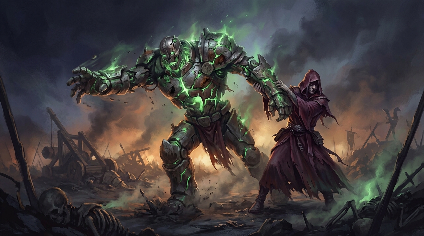 A Grixis necromancer dragging a half-rotted war-golem out of a smoking battlefield, green necromantic light seaming through cracks in its plating