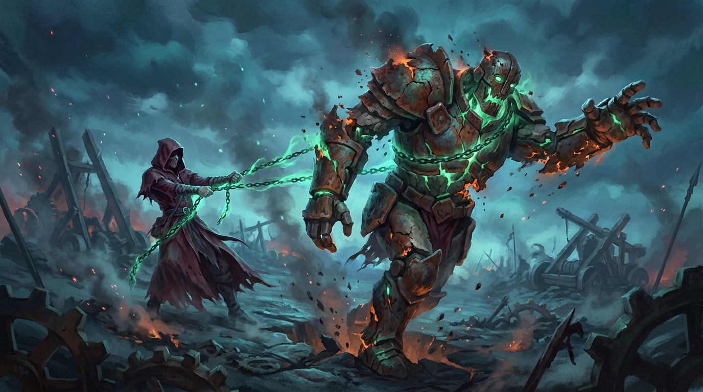 A hooded necromancer hauling a burning war-golem forward on a chain of green light, the golem already breaking apart into embers at the shoulder