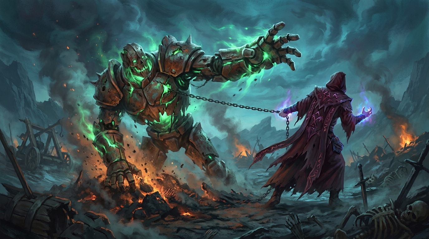 A reanimated war-golem lunging across a battlefield of skeletons and burning siege engines, green necromantic fire pouring from the cracks in its plating