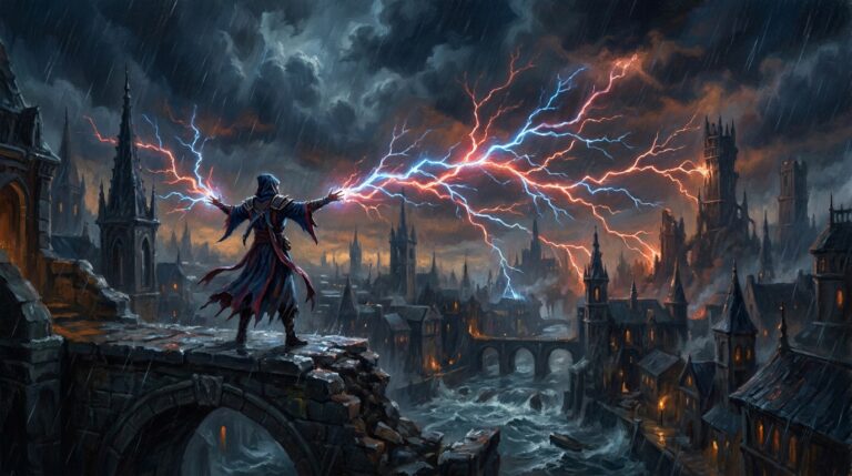 An Izzet storm-mage on a shattered bridge as a single spell splits into dozens of identical forking bolts across a rain-lashed city skyline