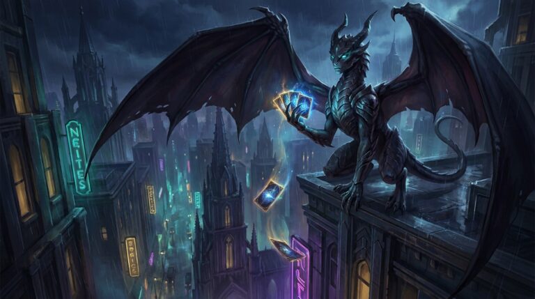 A horned winged demon perched on a gothic rooftop above a rain-soaked neon city holds a fan of glowing cards while two more tumble toward the street below
