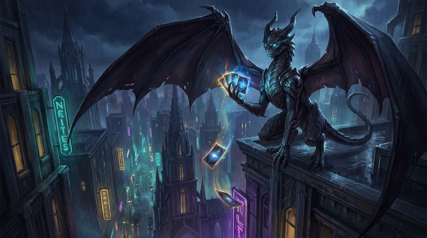 A horned winged demon perched on a gothic rooftop above a rain-soaked neon city holds a fan of glowing cards while two more tumble toward the street below