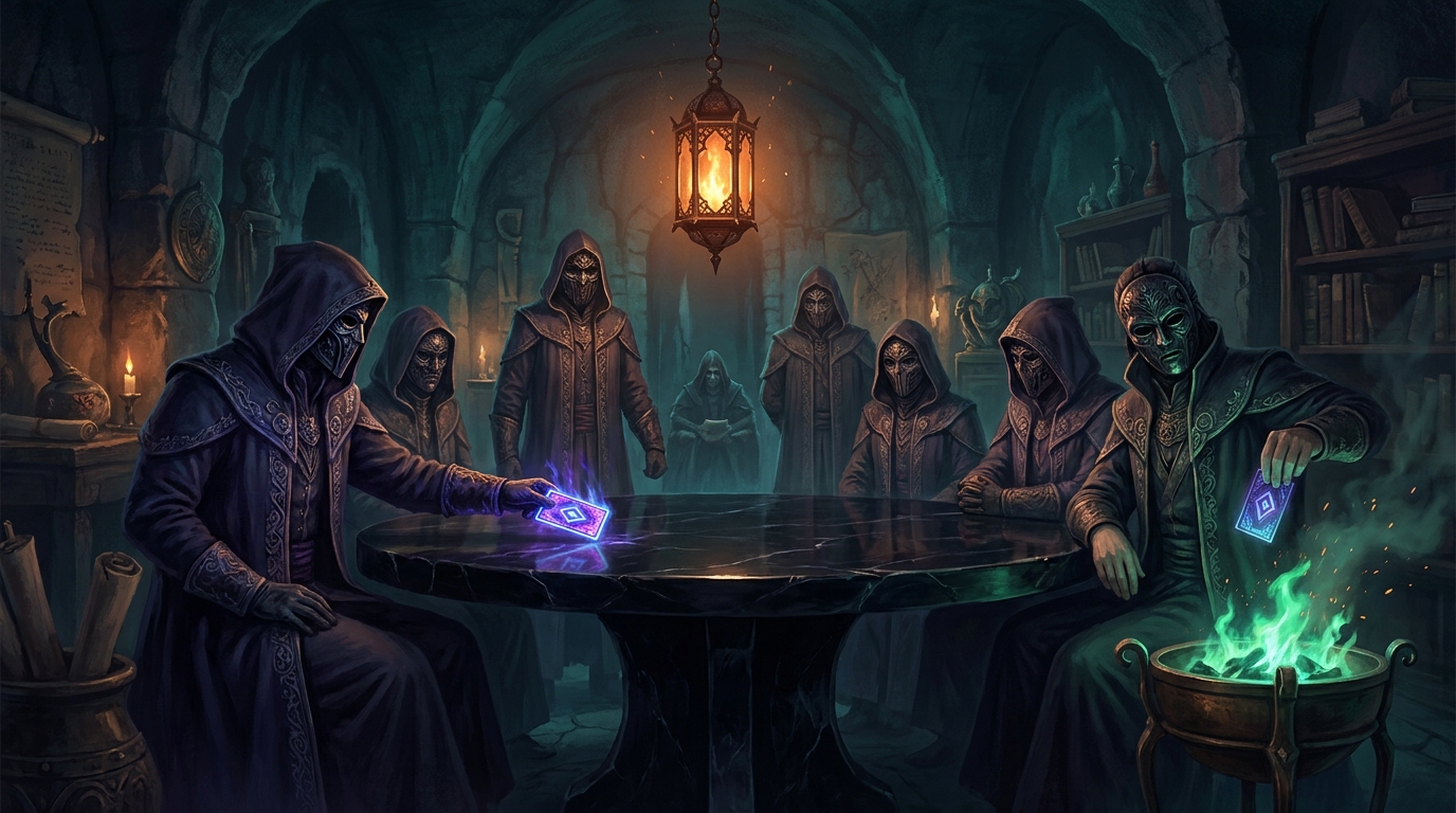 A shadowy council of masked villains in long coats around a circular obsidian table under a single hanging lamp, one sliding a glowing card to the centre while another drops a card into green fire