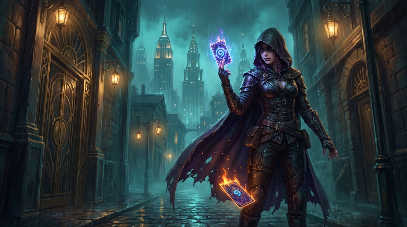 A hooded rogue in a rain-soaked alley of a gilded art-deco city holds up a card glowing with a rune-shaped sigil as a discarded card burns to embers at her feet