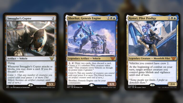 Three MTG cards side by side: Smuggler's Copter and Shorikai, Genesis Engine, two Vehicles with crew, and Kotori, Pilot Prodigy, which gives Vehicles crew 2, over a dark blurred airship background