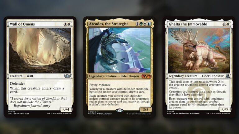 Three MTG cards side by side: Wall of Omens, a 0/4 Wall with defender, Arcades, the Strategist, which lets defenders attack for their toughness, and Ghalta the Immovable from Reality Fracture, over a dark blurred fortress background