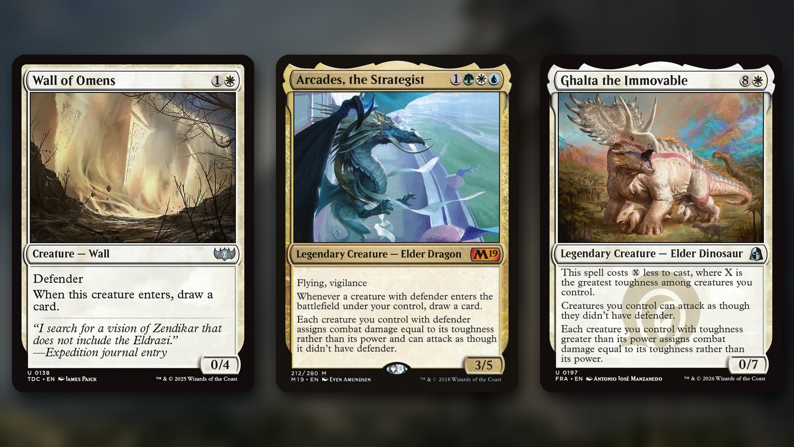 Three MTG cards side by side: Wall of Omens, a 0/4 Wall with defender, Arcades, the Strategist, which lets defenders attack for their toughness, and Ghalta the Immovable from Reality Fracture, over a dark blurred fortress background