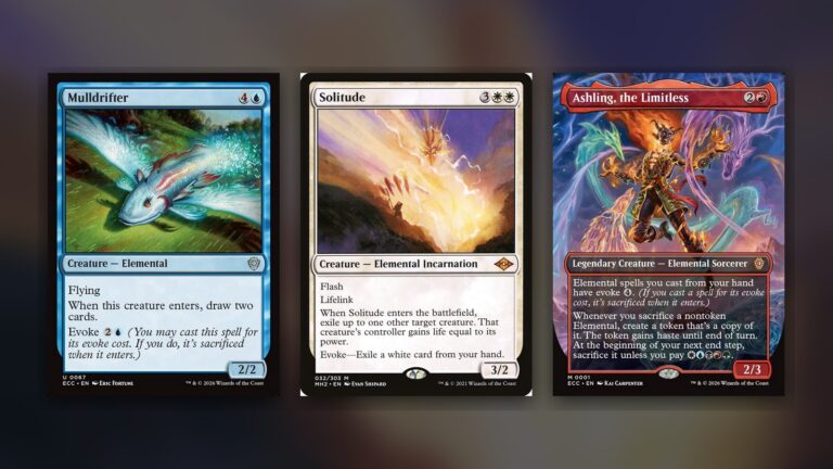 Three Magic cards side by side on a dark navy background: Mulldrifter from Lorwyn Eclipsed Commander, Solitude from Modern Horizons 2 and Ashling, the Limitless from Lorwyn Eclipsed Commander