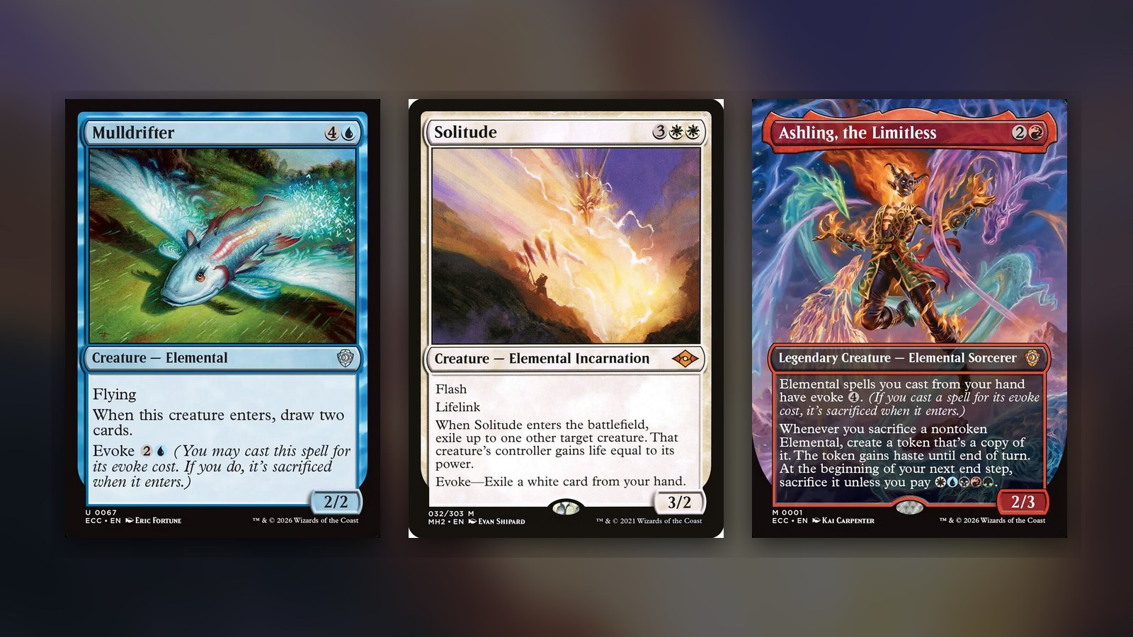 Three Magic cards side by side on a dark navy background: Mulldrifter from Lorwyn Eclipsed Commander, Solitude from Modern Horizons 2 and Ashling, the Limitless from Lorwyn Eclipsed Commander