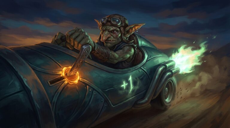 A scarred goblin pilot in goggles grips a rune-carved lever slammed down into a glowing amber lock on the dashboard of a teal armoured racing car as it roars across a dusk desert track, a burst of pale green flame blasting from the exhaust pipes and a +1 painted on the hull