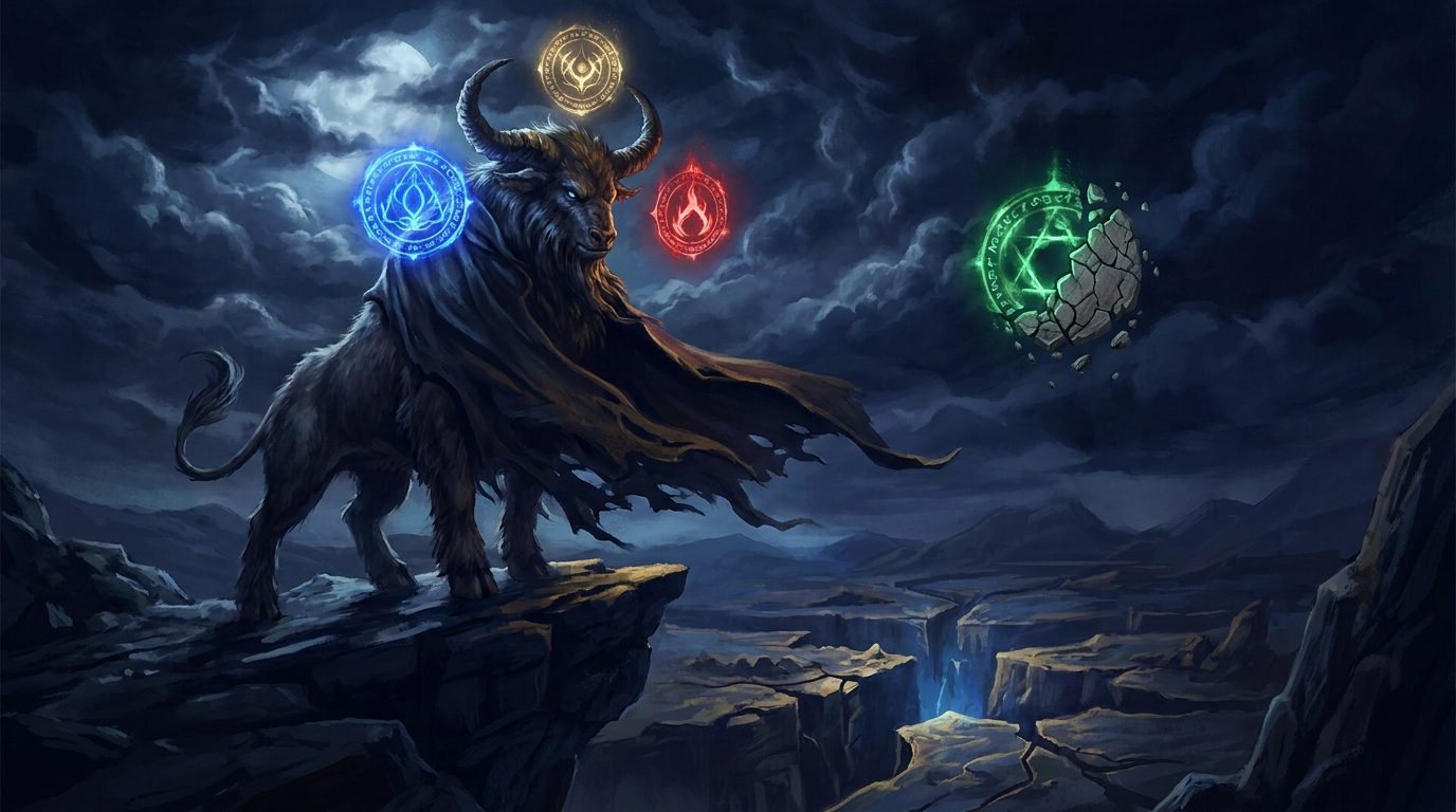 A massive horned bull-like beast in a tattered brown cloak stands on a cliff edge above a fractured dark canyon under storm clouds; four glowing sigils orbit its head, blue, gold and red still burning while the green one to the right is cracking and crumbling into grey stone
