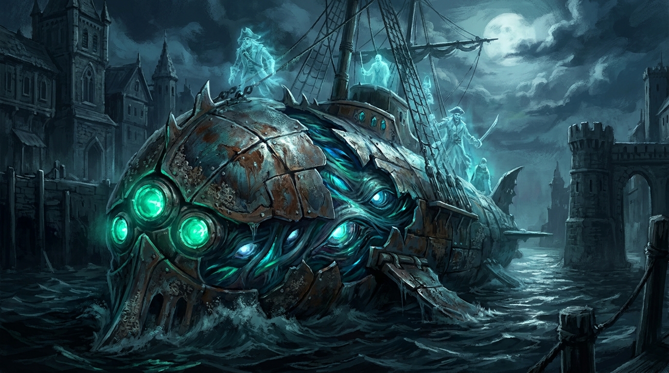 A rusted armoured submersible war-machine rising from black harbour water at night, its hull plates cracked open to reveal glowing teal sinew and eyes, three luminous emerald counters set into its bow, ghostly pirates working the rigging of a spectral sail behind it