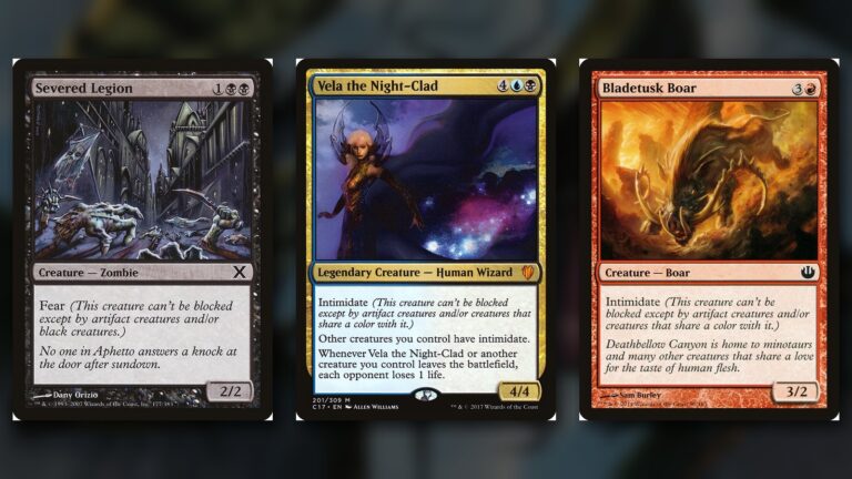 Three MTG cards side by side: Severed Legion with fear, Vela the Night-Clad and Bladetusk Boar with intimidate, over a dark blurred background