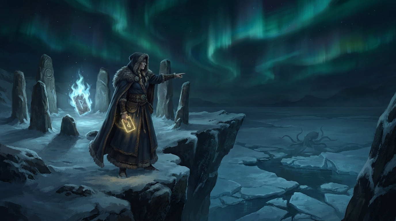 A hooded Norse seer in a fur-lined cloak stands on a frozen cliff under a green aurora, one rune-carved card glowing gold in her hand while a second burns with pale blue fire among standing stones behind her