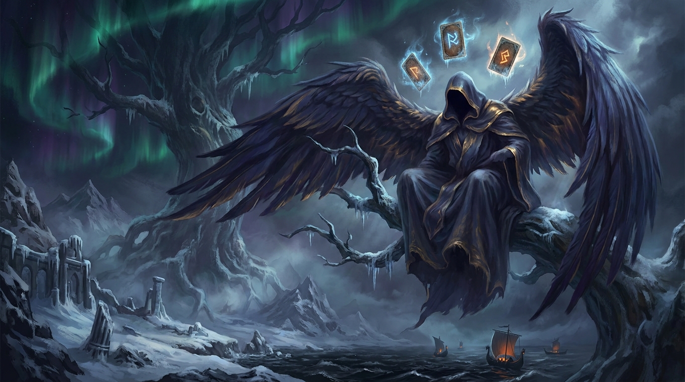 A vast raven-winged god in a hooded robe sits on a frost-covered branch of the world tree, three face-down rune cards hovering in a halo of light around his head, longships on a black sea below
