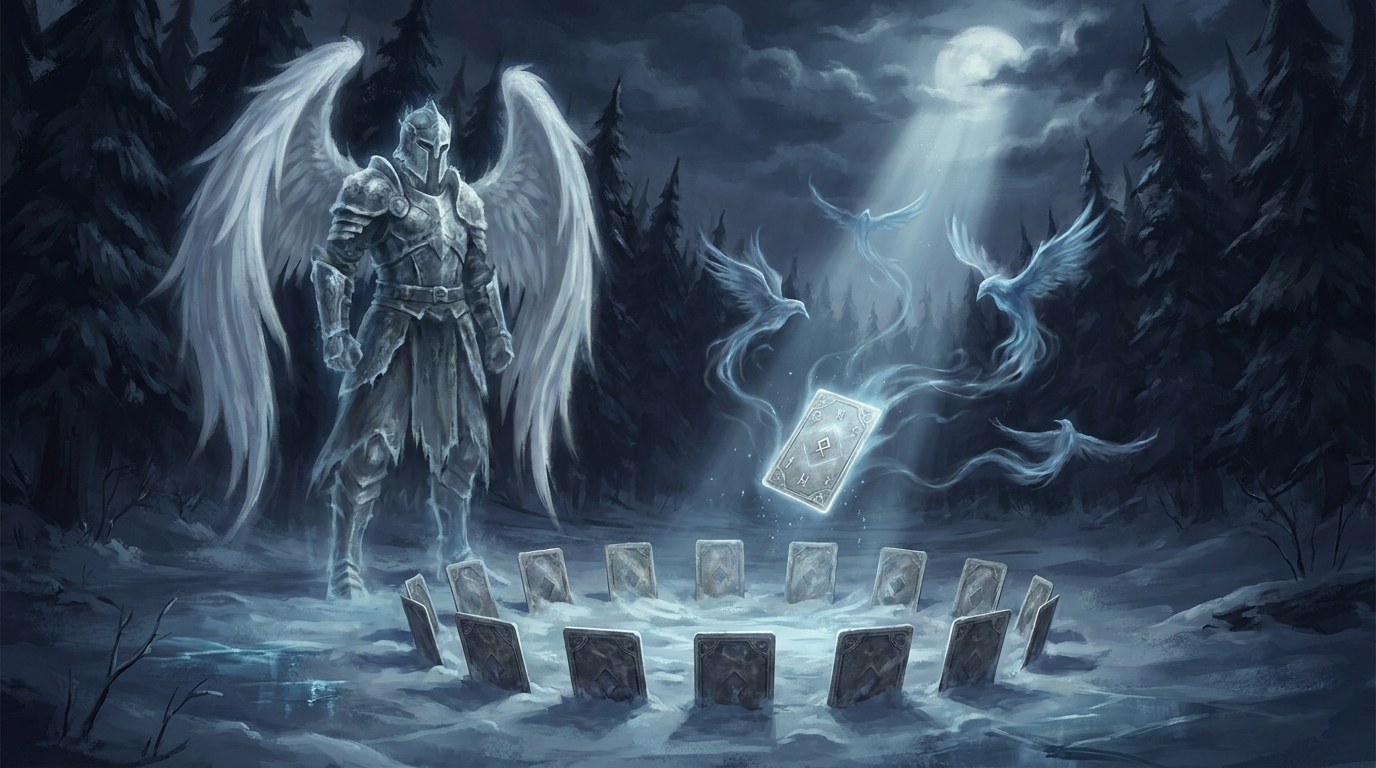 A spectral armoured warrior with white wings stands at the edge of a snowy pine forest beside a ring of face-down cards half-buried in snow, one card rising into a beam of moonlight as ghostly blue birds spiral around it