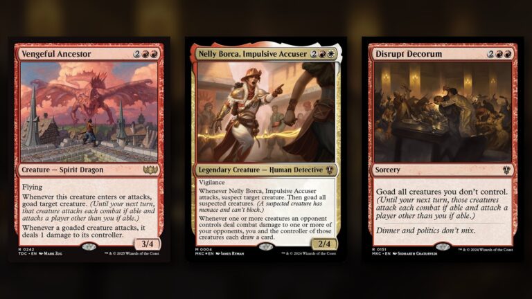 Three goad cards side by side: Vengeful Ancestor, Nelly Borca, Impulsive Accuser, and Disrupt Decorum