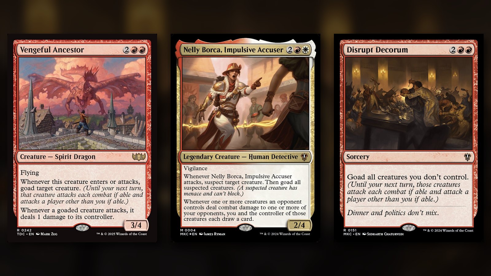 Three goad cards side by side: Vengeful Ancestor, Nelly Borca, Impulsive Accuser, and Disrupt Decorum