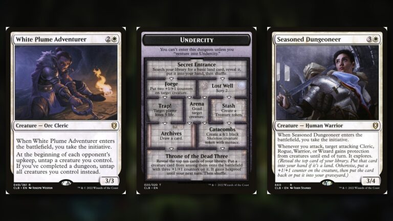 Three Magic cards from Commander Legends: Battle for Baldur's Gate — White Plume Adventurer, the Undercity dungeon card, and Seasoned Dungeoneer