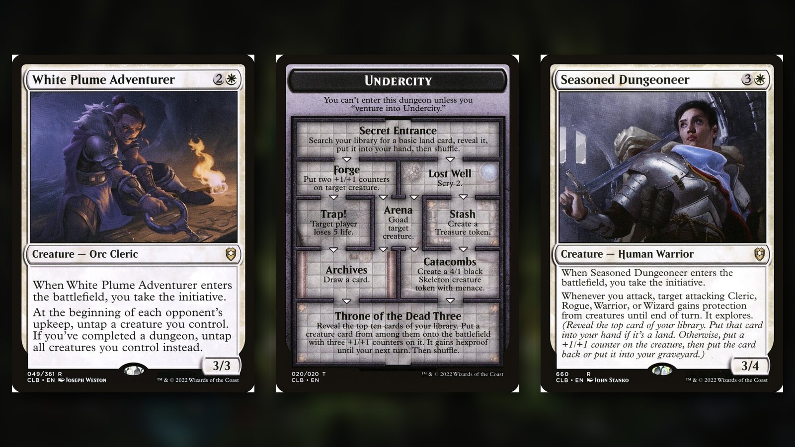 Three Magic cards from Commander Legends: Battle for Baldur's Gate — White Plume Adventurer, the Undercity dungeon card, and Seasoned Dungeoneer