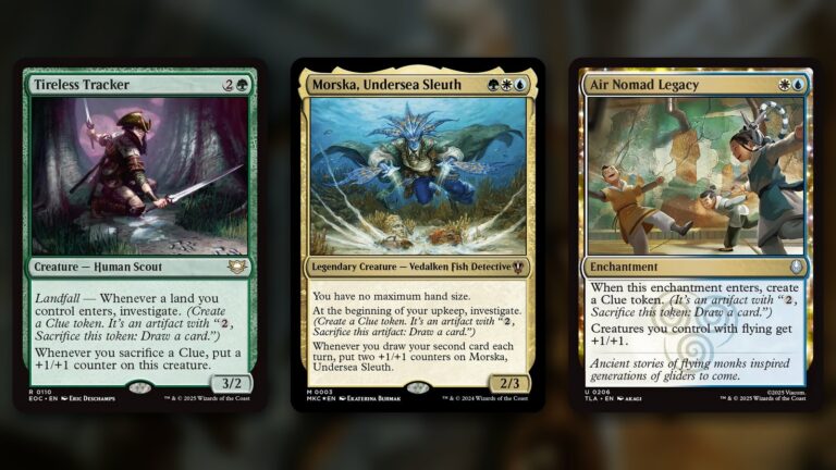 Three MTG cards side by side: Tireless Tracker and Morska, Undersea Sleuth, which investigate, and Air Nomad Legacy, which creates a Clue token without investigating, over a dark blurred background
