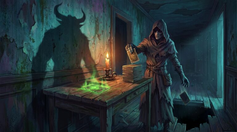 A gaunt hooded figure in a candlelit, decaying mansion hallway lifts the top two cards of a deck; one card lies face down glowing sickly green and casts the shadow of a hulking two-horned beast on the peeling wallpaper while the other slips into a black pit in the floor