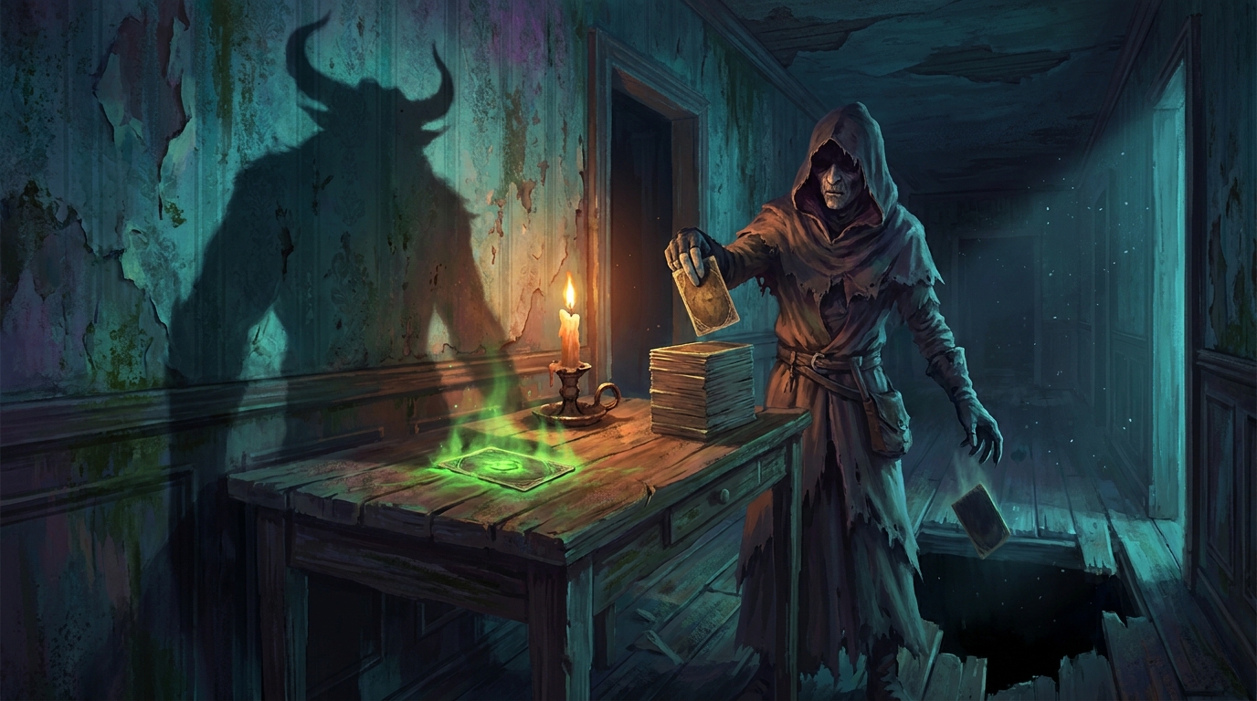 A gaunt hooded figure in a candlelit, decaying mansion hallway lifts the top two cards of a deck; one card lies face down glowing sickly green and casts the shadow of a hulking two-horned beast on the peeling wallpaper while the other slips into a black pit in the floor