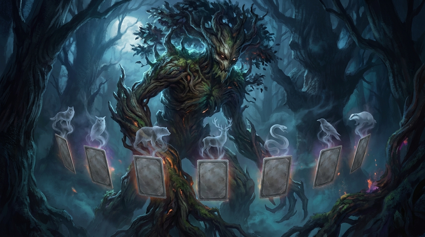 A colossal ancient forest elemental made of twisted bark and whispering leaves stands in a moonlit grove while seven face-down cards with blank grey backs float around it, a faint spectral beast rising like smoke above each one