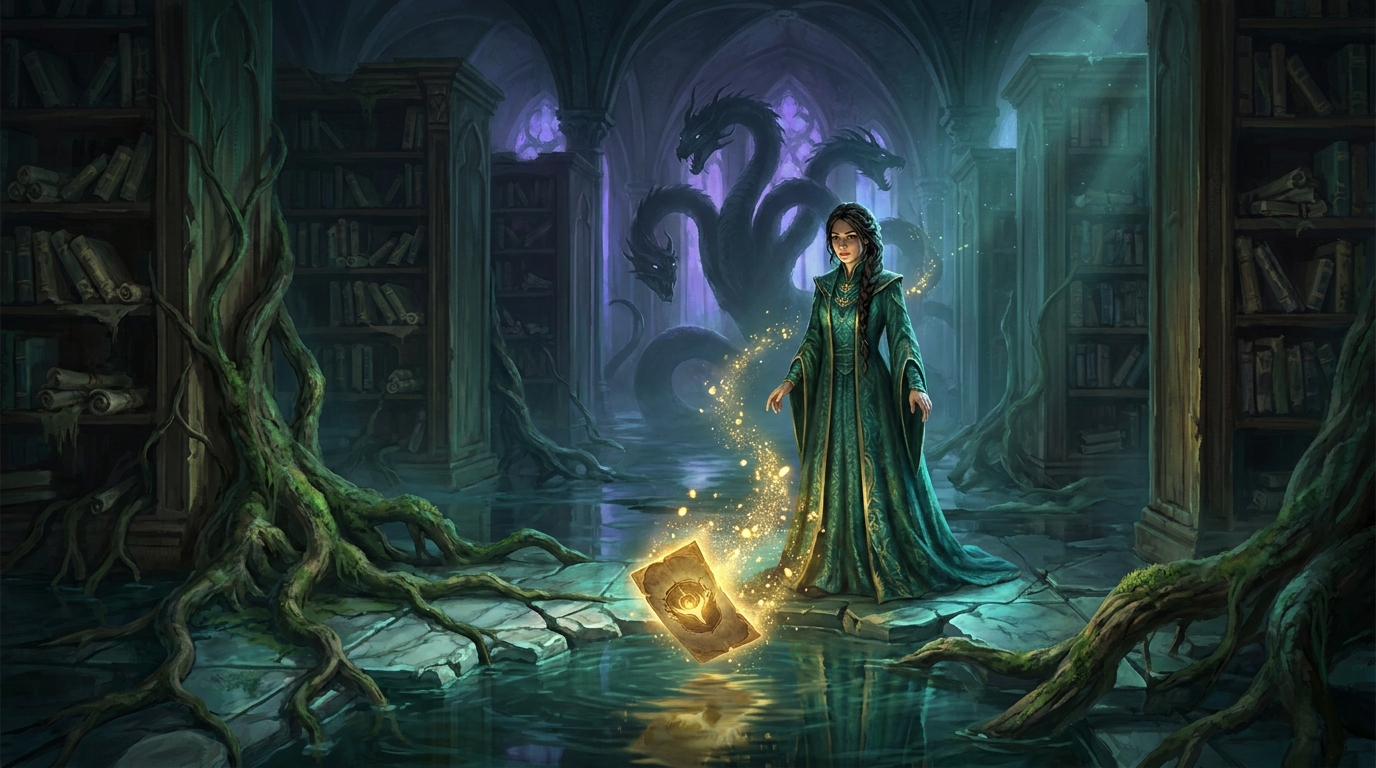 A young scholar-wizard with dark braided hair in a green and teal robe stands in a flooded gothic library where tree roots burst through the marble floor; at her feet a face-down card is turning over and spilling golden light, and a many-headed hydra silhouette rears in the shadows between the bookshelves