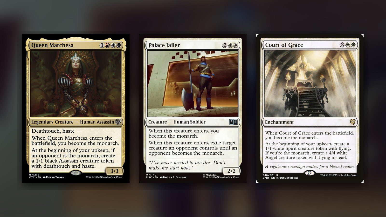 Three Magic cards side by side on a dark navy background: Queen Marchesa, Palace Jailer and Court of Grace