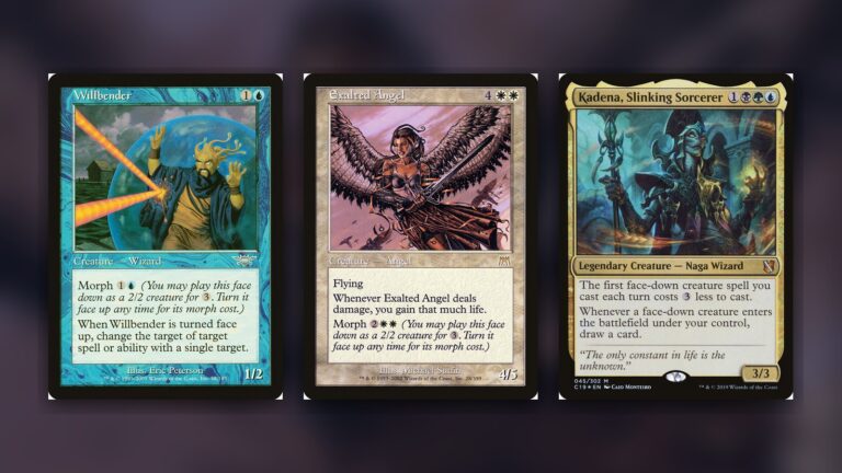 Three Magic cards side by side on a dark navy background: Willbender from Legions, Exalted Angel from Onslaught and Kadena, Slinking Sorcerer from Commander 2019