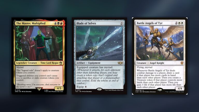 Three Magic cards side by side on a dark navy background: The Master, Multiplied from the Doctor Who Commander decks, Blade of Selves from Tarkir: Dragonstorm Commander and Battle Angels of Tyr from Commander Legends: Battle for Baldur's Gate