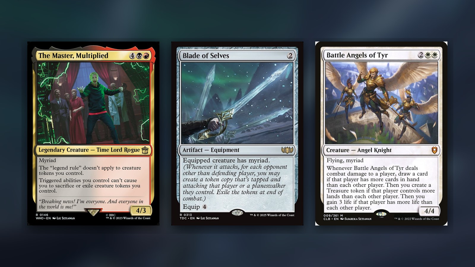Three Magic cards side by side on a dark navy background: The Master, Multiplied from the Doctor Who Commander decks, Blade of Selves from Tarkir: Dragonstorm Commander and Battle Angels of Tyr from Commander Legends: Battle for Baldur's Gate