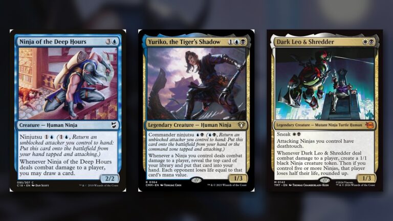 Three MTG cards side by side: Ninja of the Deep Hours with ninjutsu, Yuriko, the Tiger's Shadow with commander ninjutsu and Dark Leo & Shredder with sneak, over a dark blurred background