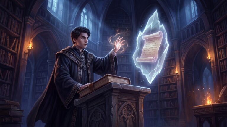 A young wizard student in dark academic robes stands at a stone lectern in a vast night-lit library with one hand raised, while beside them a translucent glowing copy of a spell scroll hangs suspended in a shard of pale violet exile-light and the original book stays closed on the lectern