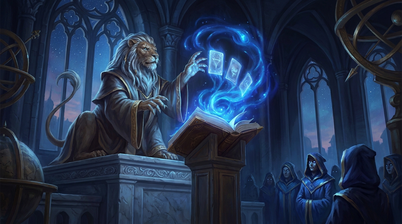 An ancient elder sphinx professor with a silver mane sits on a marble dais in a shadowed observatory hall, conjuring three ghostly luminous card shapes out of a swirl of blue memory-light above an open tome while robed students watch from the dark