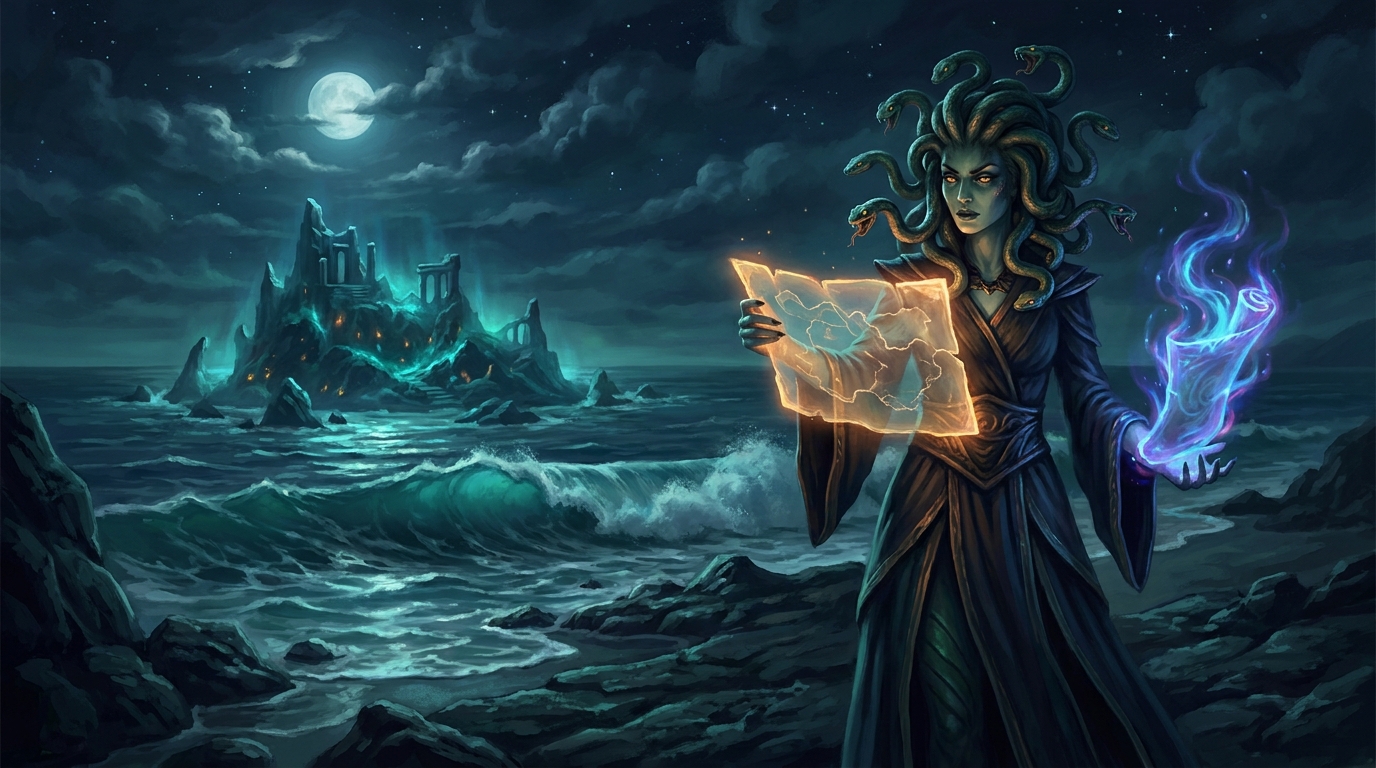 A gorgon sorceress with living serpent hair stands on a moonlit tidal shore reading a floating map, while each retreating wave uncovers a new glowing island rising from the water behind her and a spectral spell scroll rekindles in her free hand