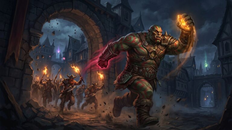 A hulking war-painted ogre berserker in red and green clan leathers bursts through a shattered stone gate of a night-time guild city at a full sprint, one fist raised holding a glowing amber rune-stone and the other arm trailing a streak of crimson speed-light, with a mob of torch-bearing clan warriors surging behind him