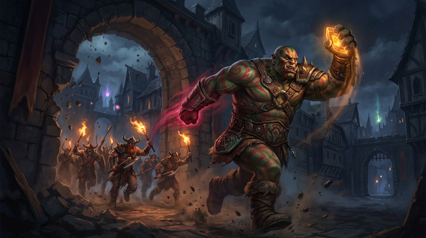 A hulking war-painted ogre berserker in red and green clan leathers bursts through a shattered stone gate of a night-time guild city at a full sprint, one fist raised holding a glowing amber rune-stone and the other arm trailing a streak of crimson speed-light, with a mob of torch-bearing clan warriors surging behind him