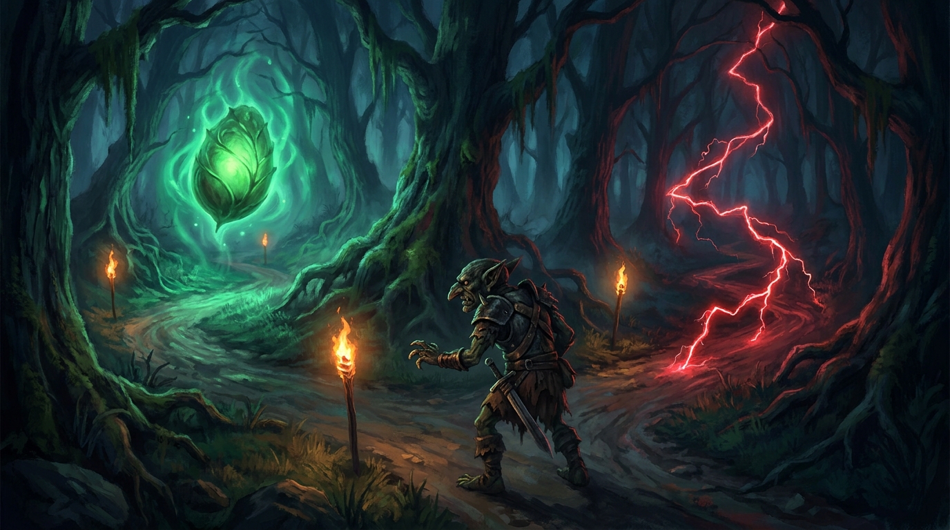 A lone goblin warrior stands at a fork in a torchlit forest road at night, the left path lit by a floating glowing green seed of light and the right path lit by a jagged trail of red lightning racing away into the dark, the warrior's hand hovering between the two