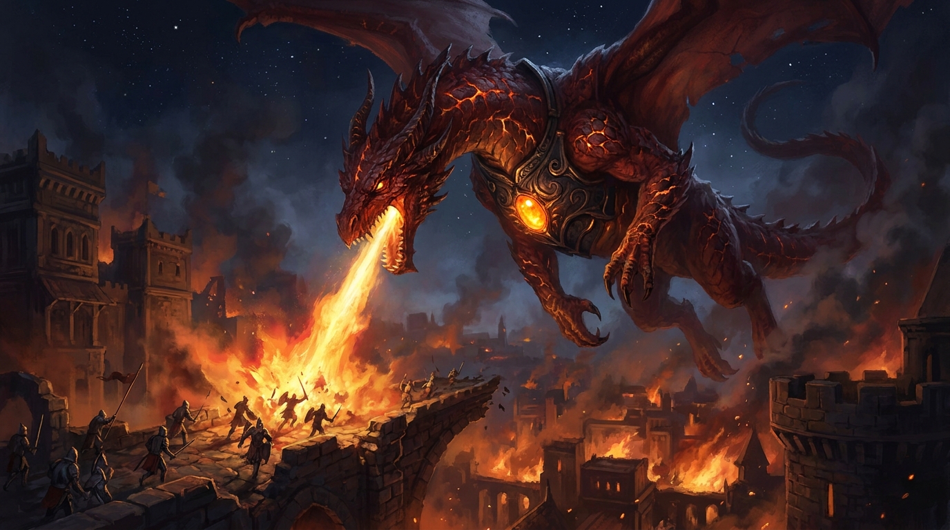 A massive red dragon with cracked ember-veined scales dives over a burning stone city at night, a single glowing amber ember-stone set in its chest armour blazing as it breathes a fan of fire down onto a narrow bridge of fleeing soldiers
