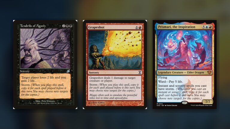 Three Magic cards side by side on a dark navy background: Tendrils of Agony from Scourge, Grapeshot from Time Spiral and Prismari, the Inspiration from Secrets of Strixhaven