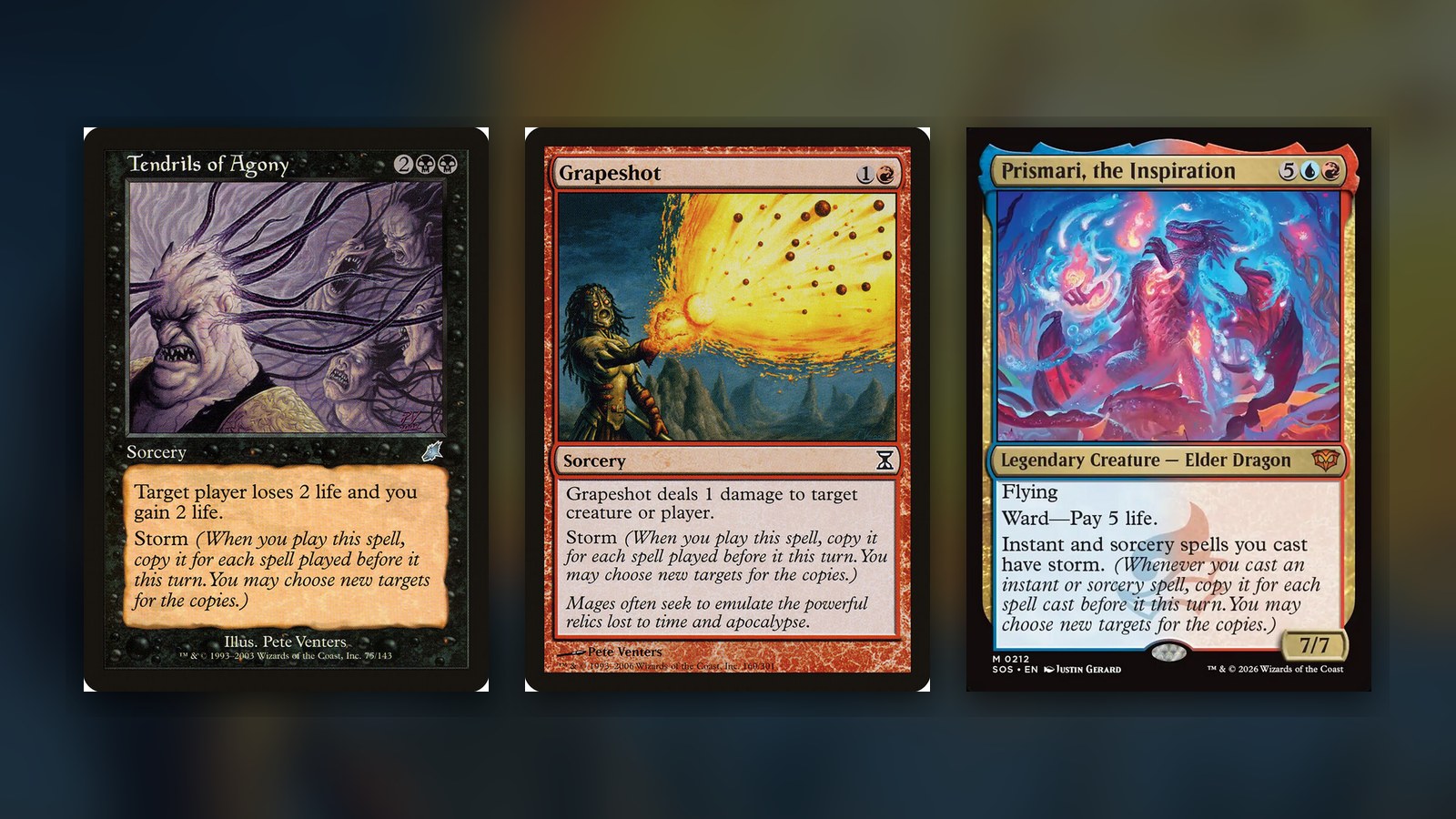Three Magic cards side by side on a dark navy background: Tendrils of Agony from Scourge, Grapeshot from Time Spiral and Prismari, the Inspiration from Secrets of Strixhaven