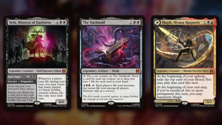 Three Marvel Darkhold Destiny cards side by side: Hela, Mistress of Darkness with her Dark Tutor Vengeance spell, The Darkhold, a tentacled spellbook glowing magenta, and Magik, Illyana Rasputin swinging a glowing sword, over a blurred dark background