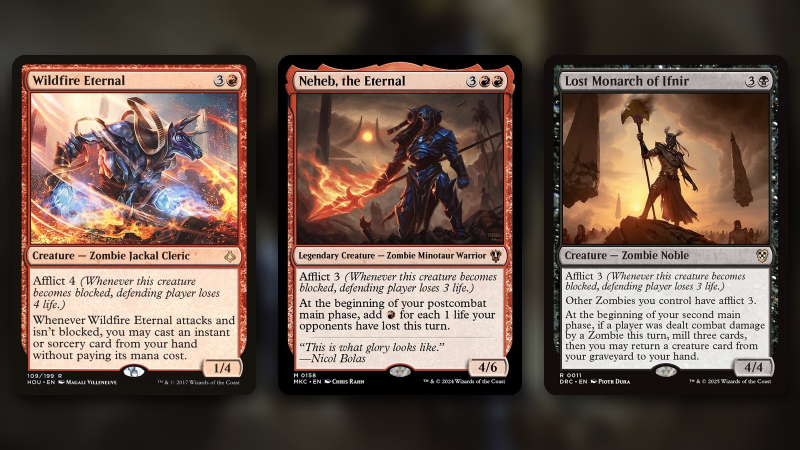 Three MTG afflict cards side by side: Wildfire Eternal, a blue-armoured jackal-headed zombie wreathed in fire, Neheb, the Eternal, a horned zombie minotaur with a flaming spear, and Lost Monarch of Ifnir, a robed zombie raising a golden axe on a desert ridge, over a blurred background