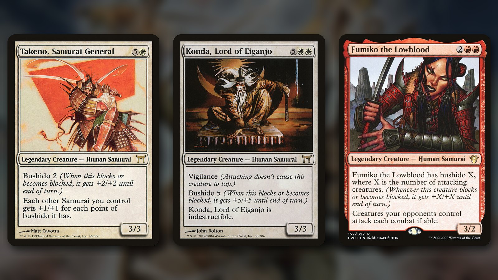 Three MTG bushido cards side by side: Takeno, Samurai General, an armoured samurai leaping in front of a red sun, Konda, Lord of Eiganjo, an old white-haired lord kneeling with a sword, and Fumiko the Lowblood, a samurai woman in red armour holding a katana, over a blurred background