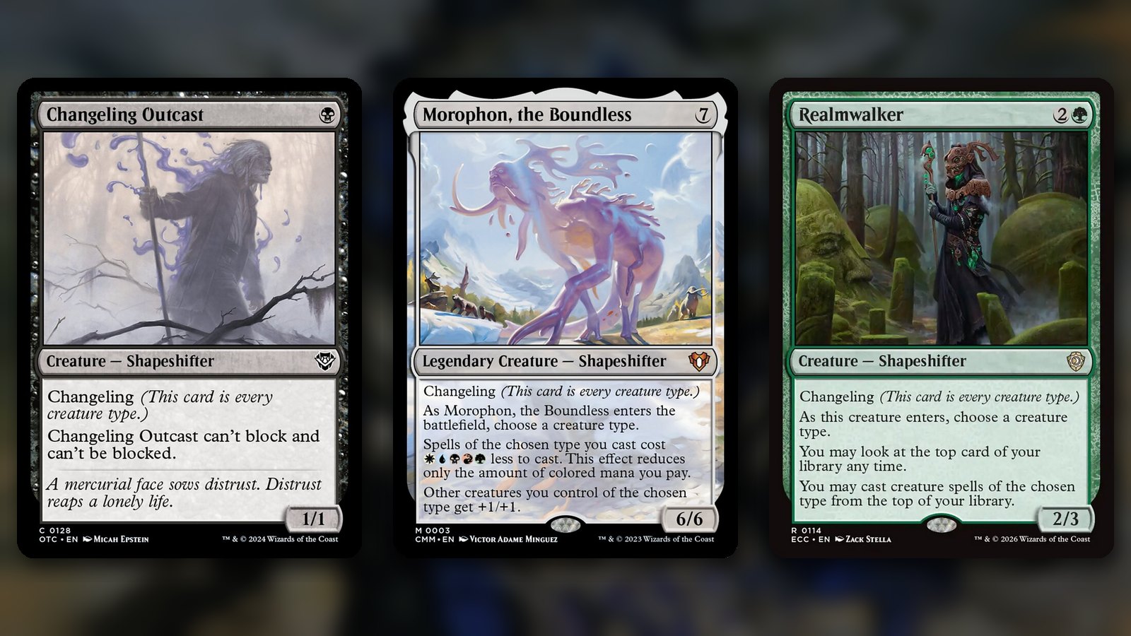 Three Magic cards side by side over a blurred dark background: Changeling Outcast, Morophon, the Boundless and Realmwalker, each showing changeling in its rules text